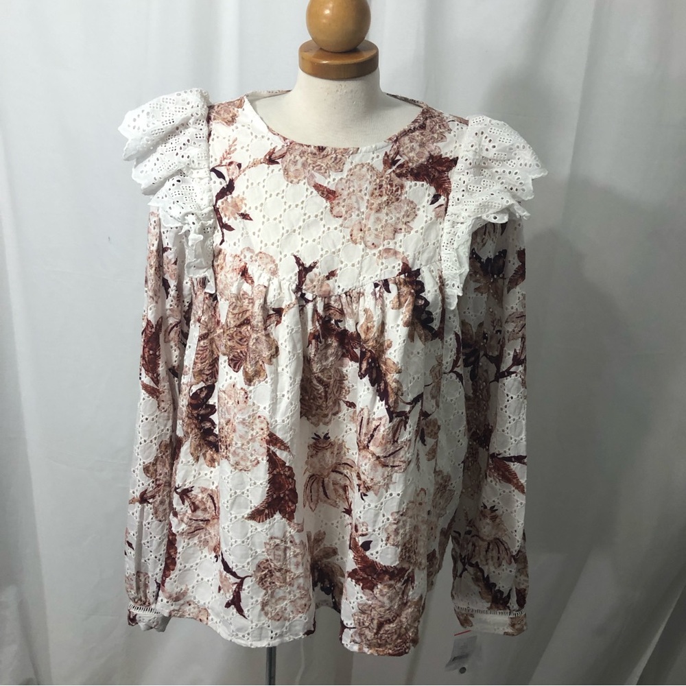 En Saison - Lace Burgundy Floral Print Cotton Babydoll Top - Size M